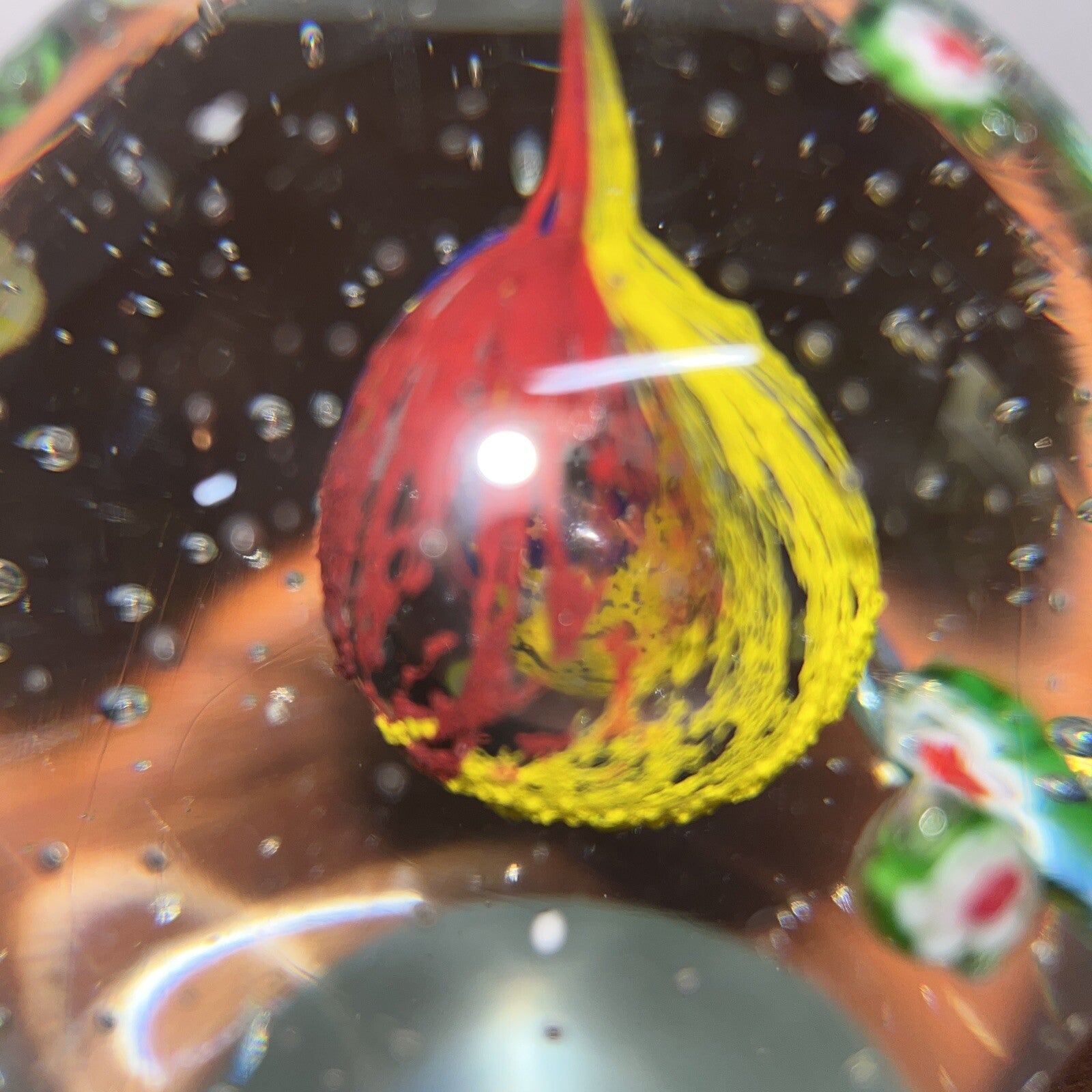 Vintage Art Glass Bubble Round Spear Paperweight Blue Red  Blue Yellow Clear 4”