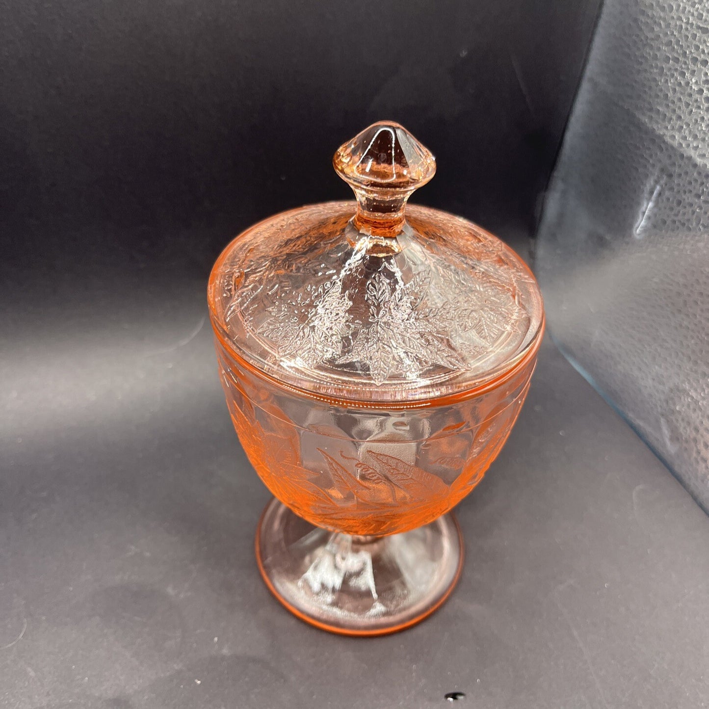 Floral Pink Footed Glass Candy Dish and Lid By Jeanette 6-1/4”