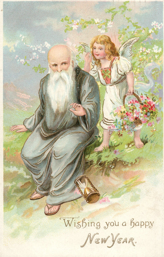 Raphael Tuck Angel Whispering To Man Hour Glass Flowers New Year Postcard 