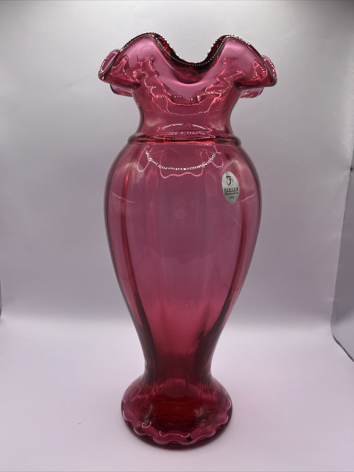 Fenton Art Glass Cranberry Vertical Line Vase Ruffled Edge 10.75”Pristine!