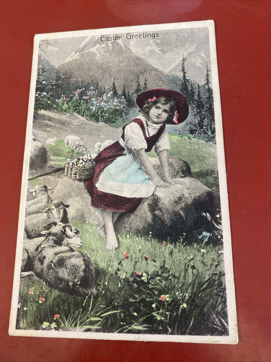 Easter Greetings Girl in Mountains Lambs vintage postcard #2491