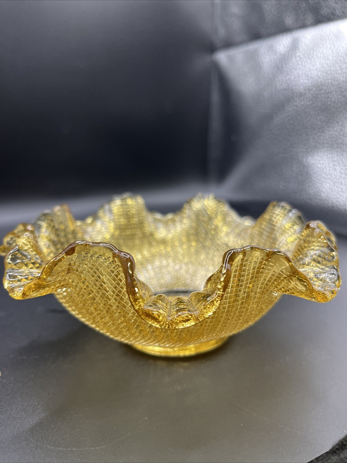 Vintage Amber Glass Waffle Pattern Bowl With Ruffled Edge