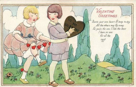 Boy and Girl Sharing Gifts Gold Heart Poem Valentines Postcard V-205