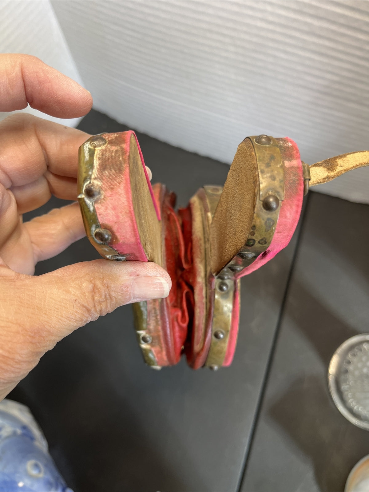 Antique French Handmade Repousse Brass Wood Fireplace Bellow