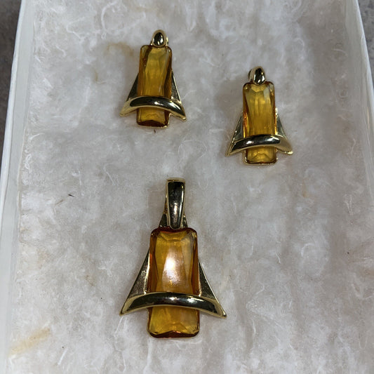 Vintage Slide & Earrings Signed Sarah Coventry Glass Orange Gold Tone Modernist