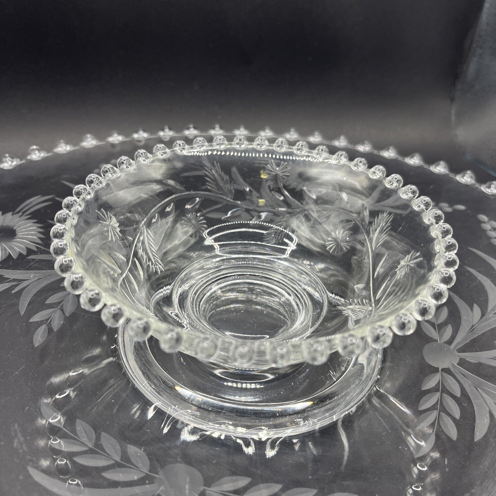 Vintage Crystal Etched Candlewick  Serving Platter Tray w Bowl, 14 In Flowers