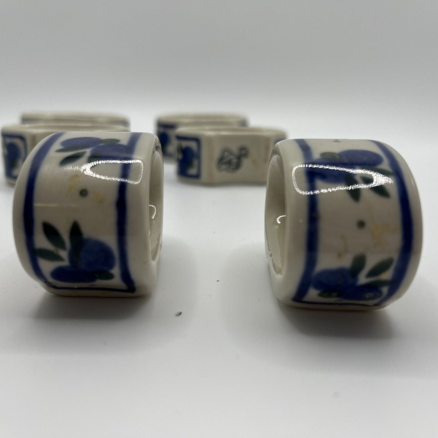 4 Polish Pottery Napkin Rings Hand Painted Floral Blue Cream Yellow
