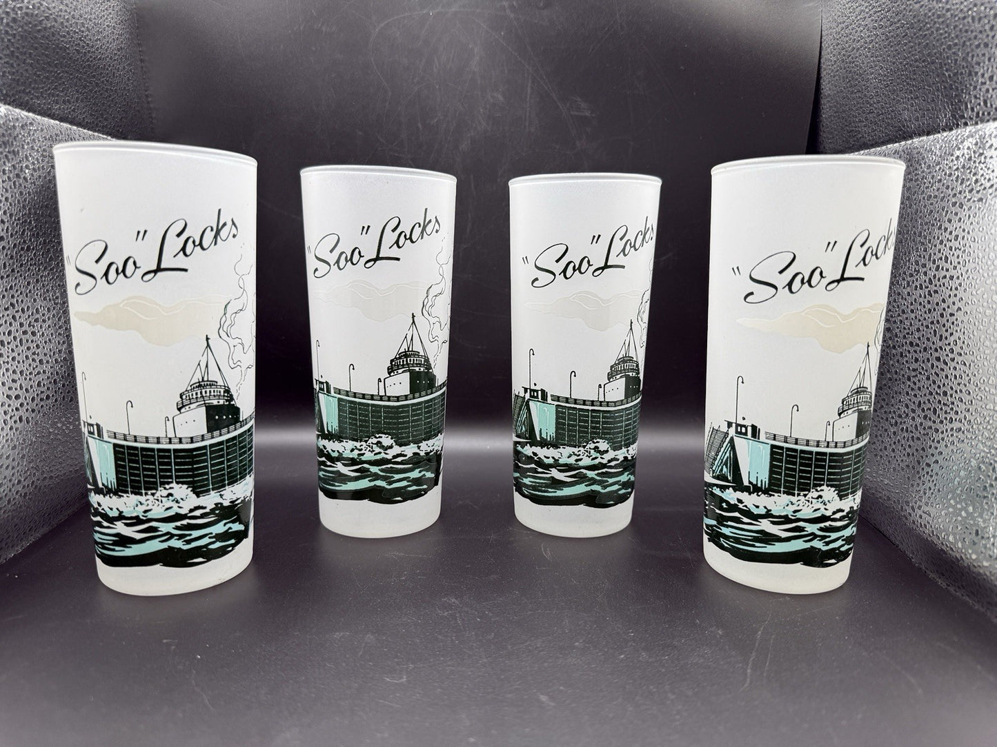 4 Vintage Soo Locks Michigan Souvenir Frosted Glasses Glass  Sault Ste Marie MI