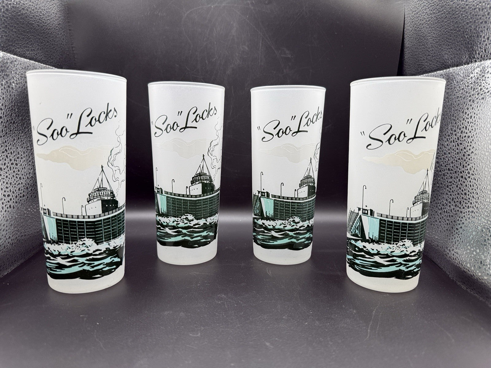 4 Vintage Soo Locks Michigan Souvenir Frosted Glasses Glass  Sault Ste Marie MI