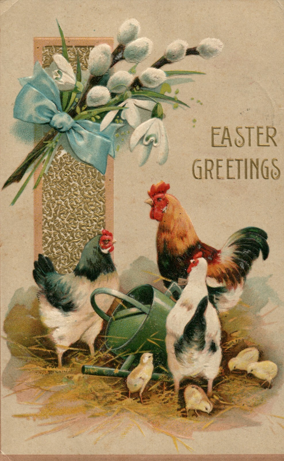 Hen and Chicks  Watering Can Farm Life Vintage Easter Greeting Postcard 