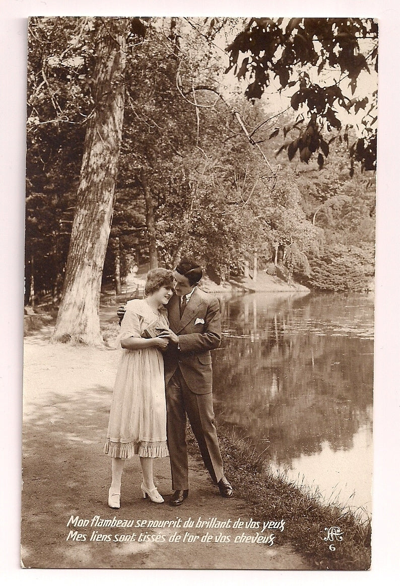 French Real Photo Romantic couple embrace by river lake trees Postcard
