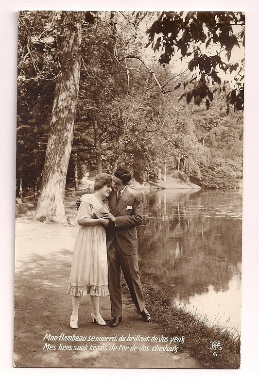 French Real Photo Romantic couple embrace by river lake trees Postcard