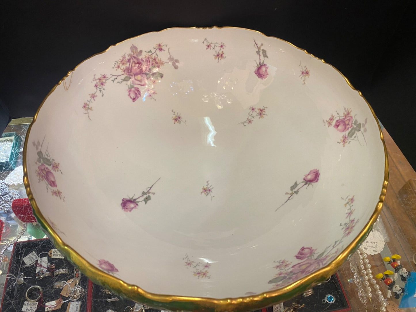 T & V Limoges  France 14" Punch Bowl Floral with green and gold