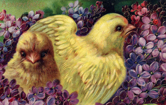 A Happy Easter Two Chicks in Flowers with Ladybug Vintage Easter Postcard