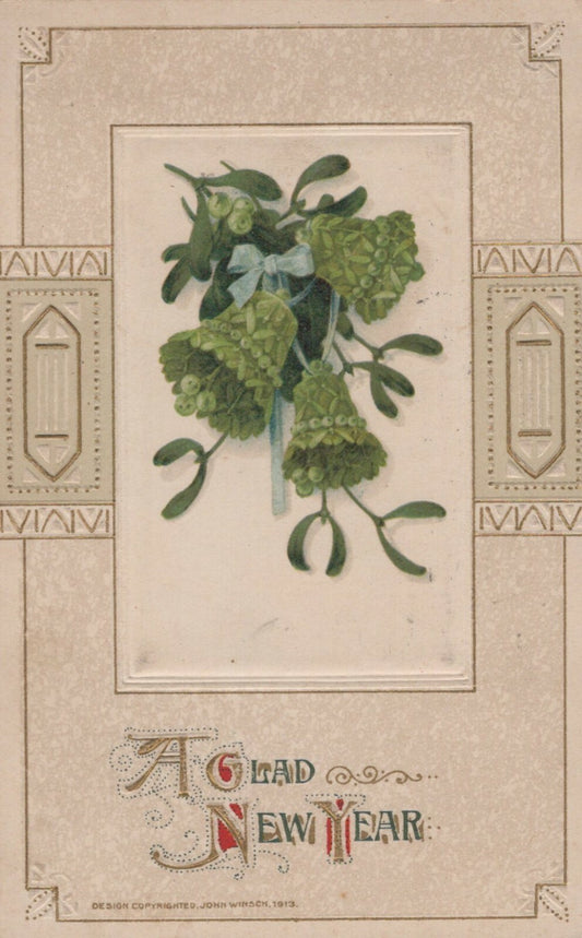 Winsch 1913 Glad New Year Three Green Bells Mistletoe Gold Gilt Frame Postcard