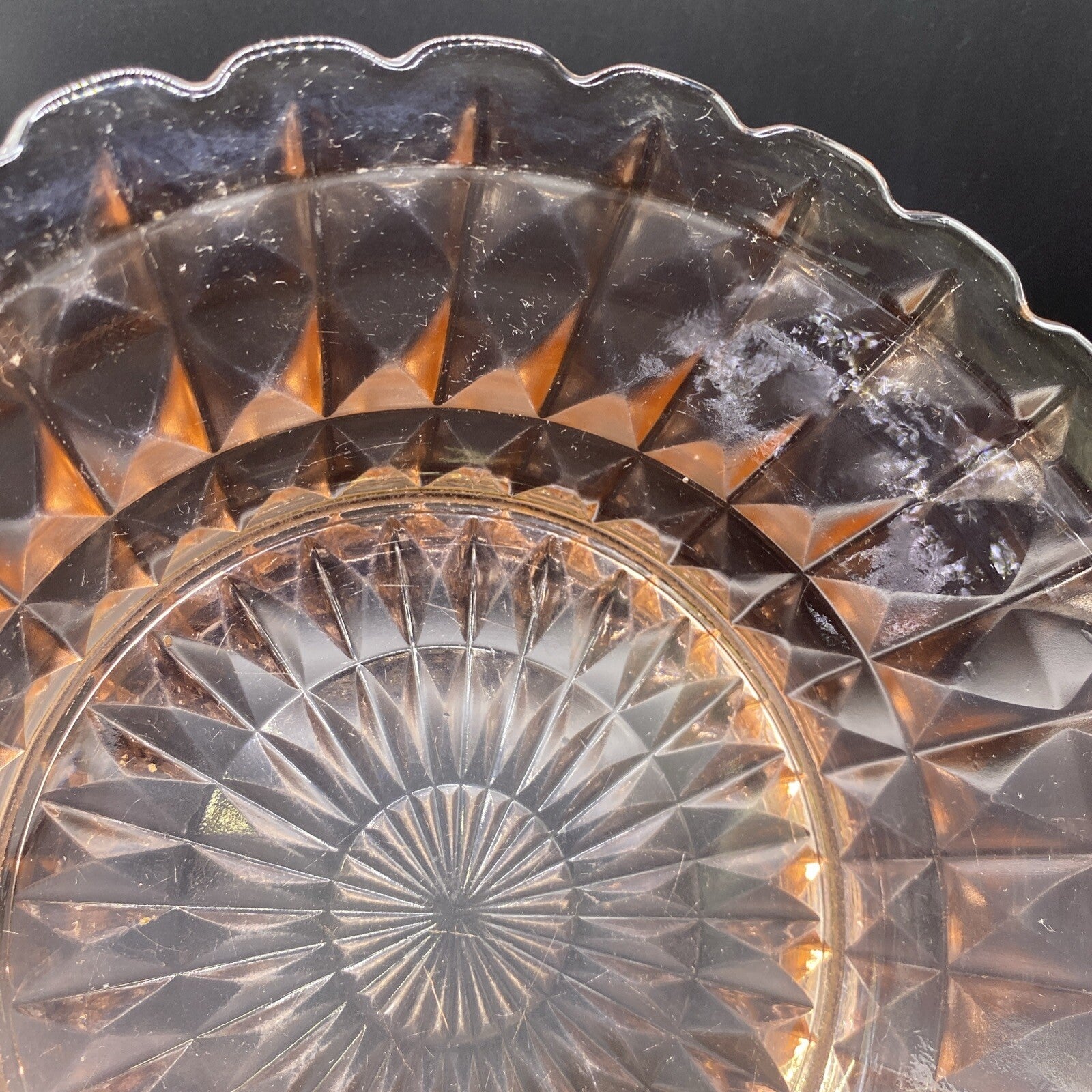 8.5" Vintage Pink Depression Glass Cube Diamond Scalloped Edge Bowl