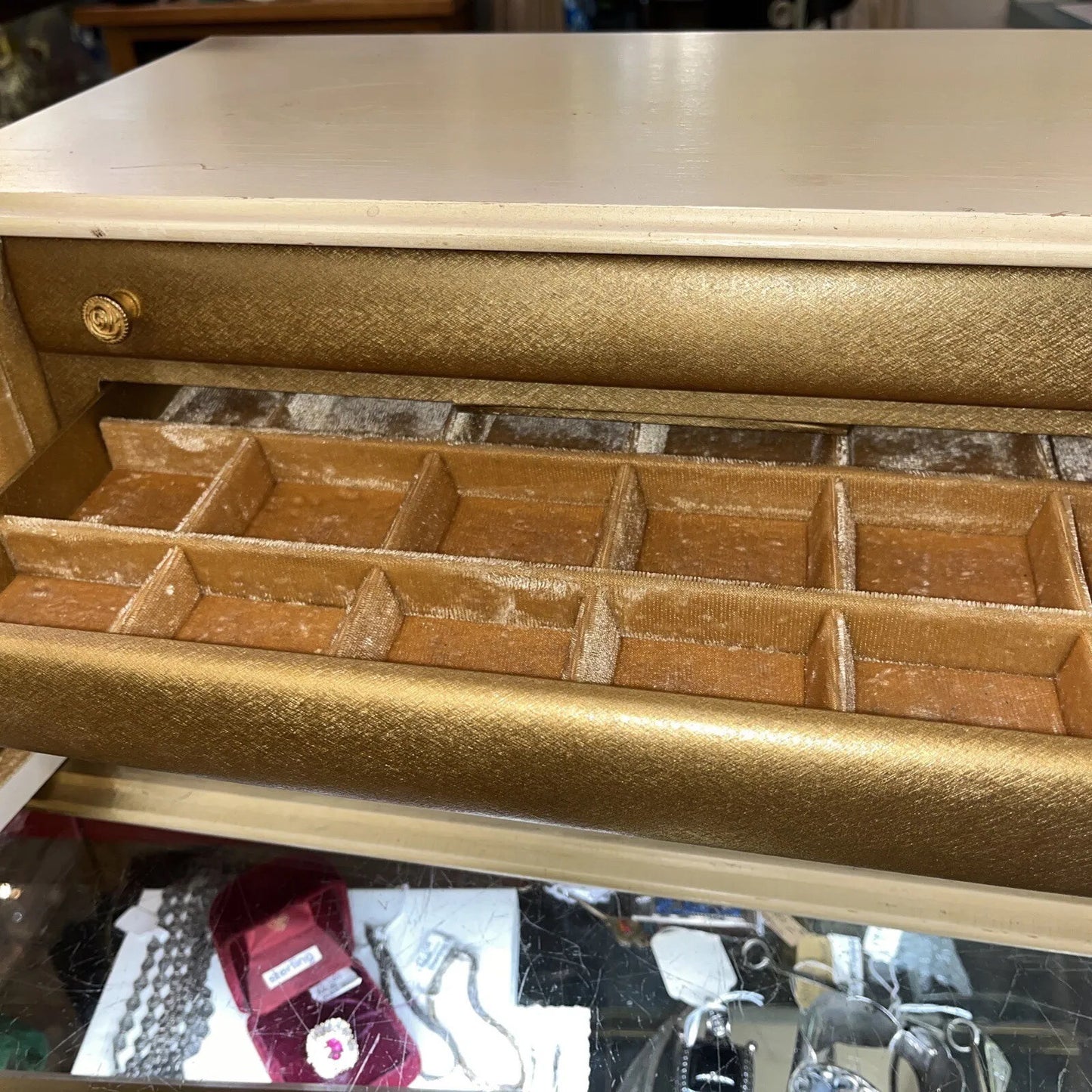 RARE VTG Gold Hollywood Regency Style Mirrors,4 Drawer Velvet lined Jewelry Box