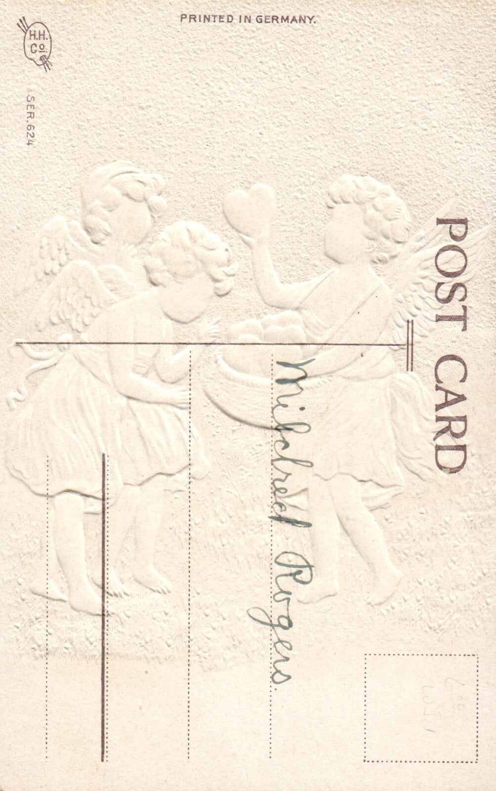 Stunning 100 year old Vintage Valentine with Cupids and Hearts Gold 624 Series