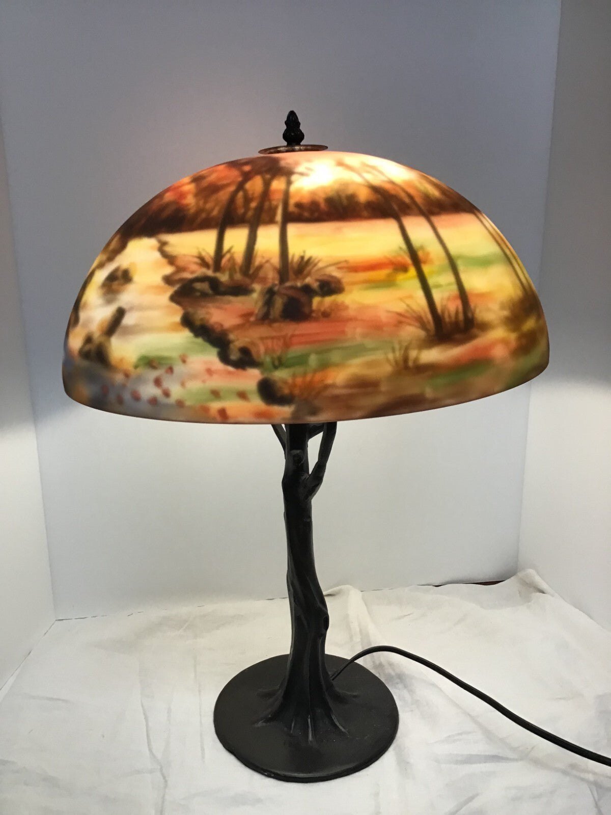 Vintage Scenic Reverse Painted table Lamp light Lighting Tree Base