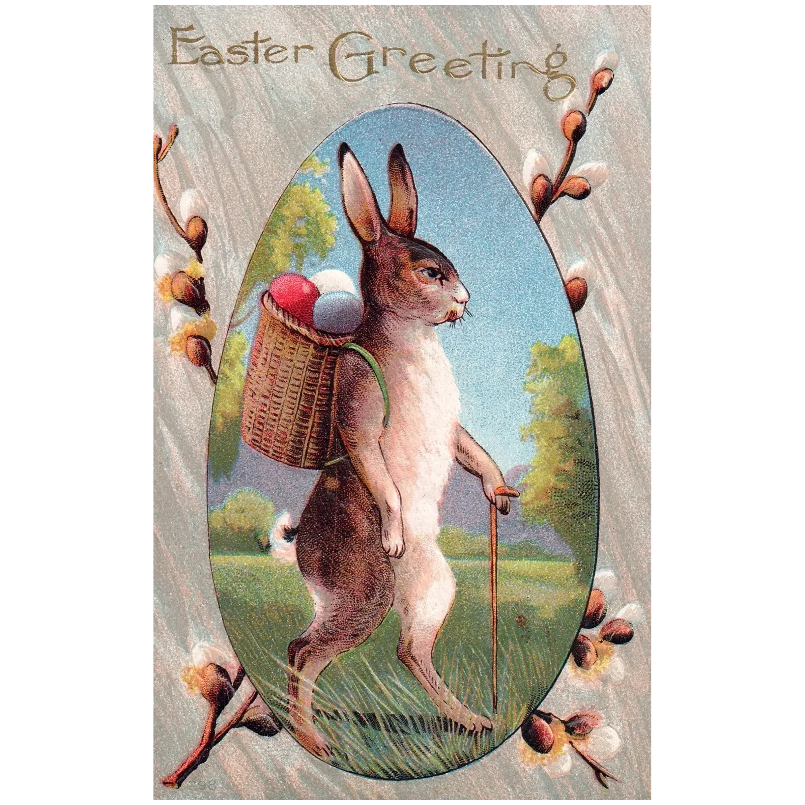 Easter Greeting Rabbit w/ Eggs on Back and Walking Stick Vintage Easter Postcard