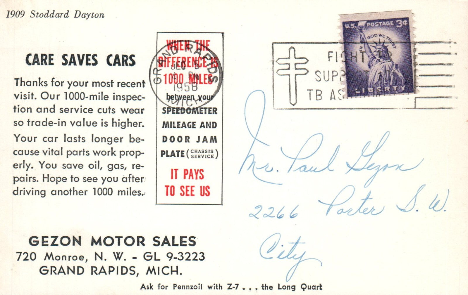 1909 Stoddard Dayton Automobile Car Postcard