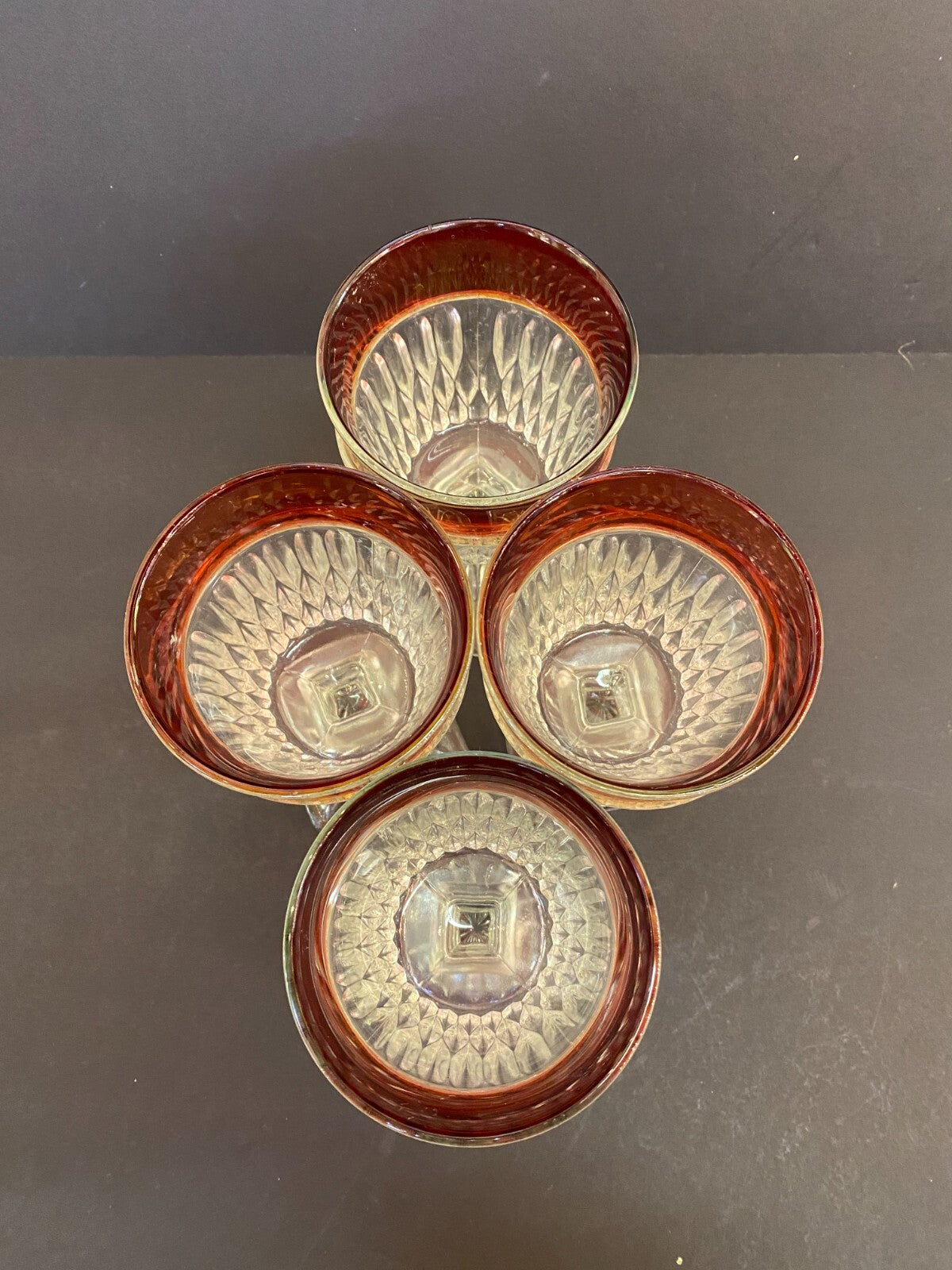 Vintage  Ruby Red Rimmed Set Of 4 Goblet Clear Cut Glass Square Base