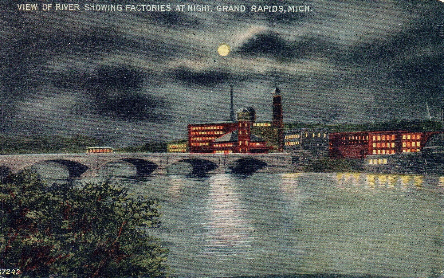 View of River Showing Factories Night  in Grand Rapids MI MICH MICHIGAN Postcard