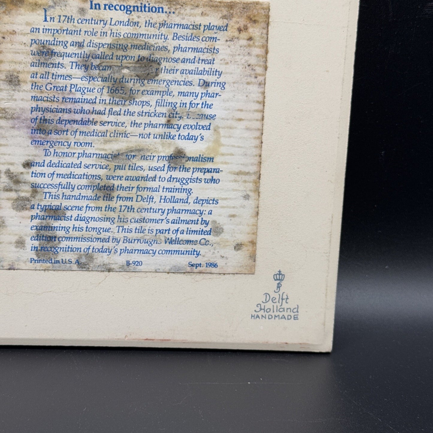 Delft Tile Schoonhaven Holland Vintage Tile Delft Blue White Pharmacy Drug. #5