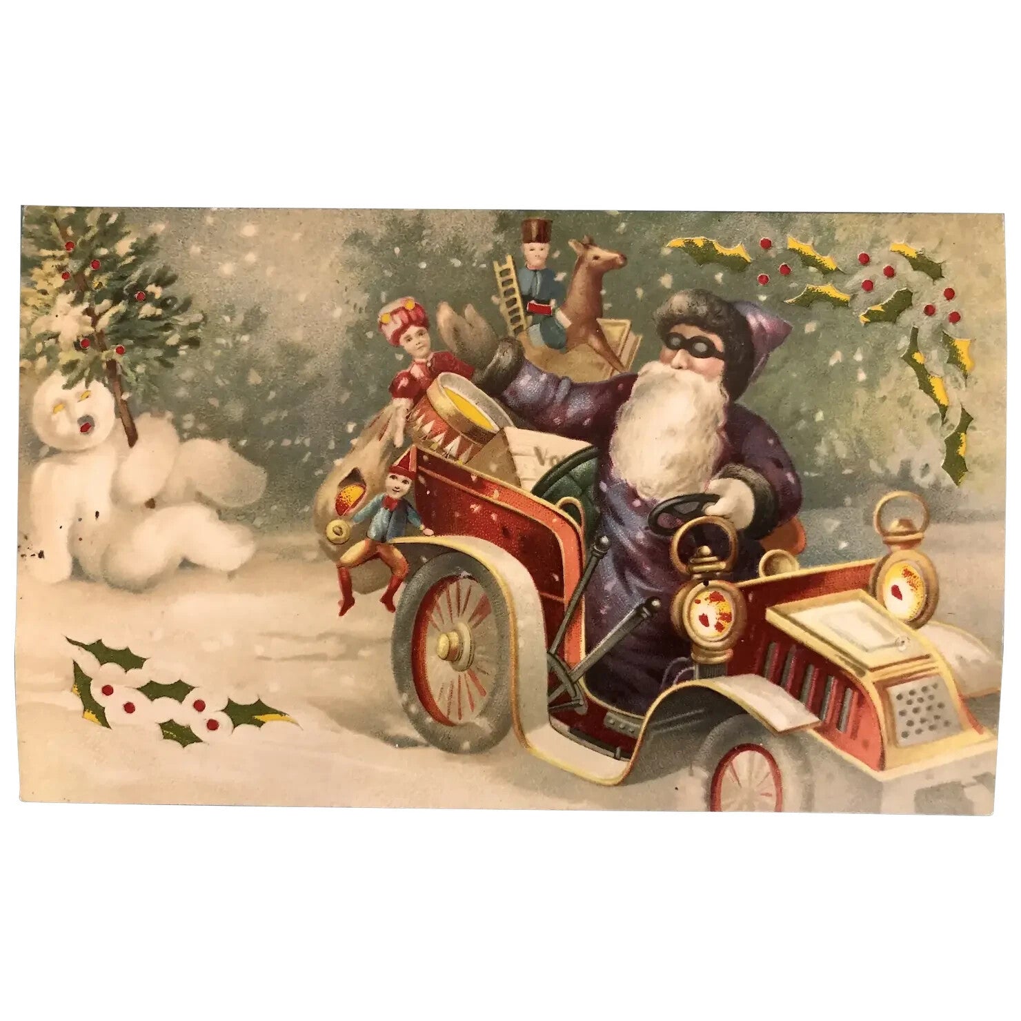 HTL Merry Christmas Hold To The Light Santa Claus driving Car Snowman PURPLE