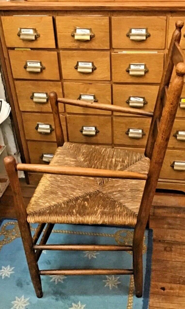 Antique Wood Shaker Ladder Back Rush Seat Arm Chair