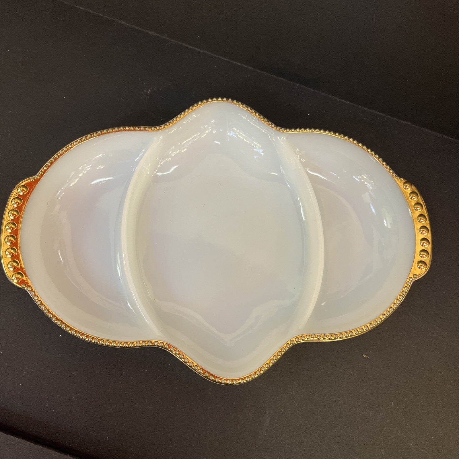 Vintage  Relish Tray Fire-King 3-Section - Milk Glass Divided Gold Bead Trim