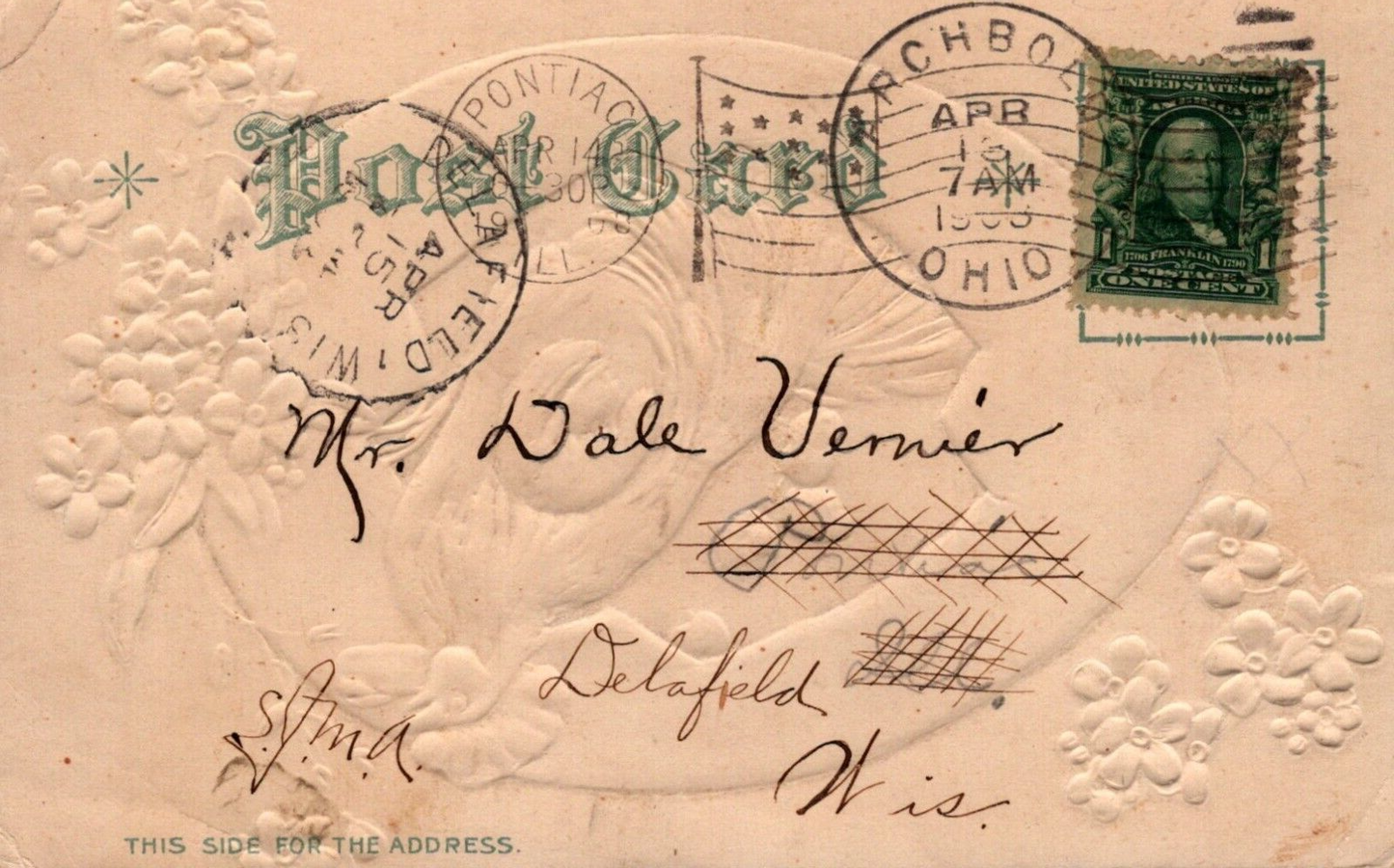 Easter Hen Chicken and Four Chicks Blue Flowers Silver Egg Embossed Postcard