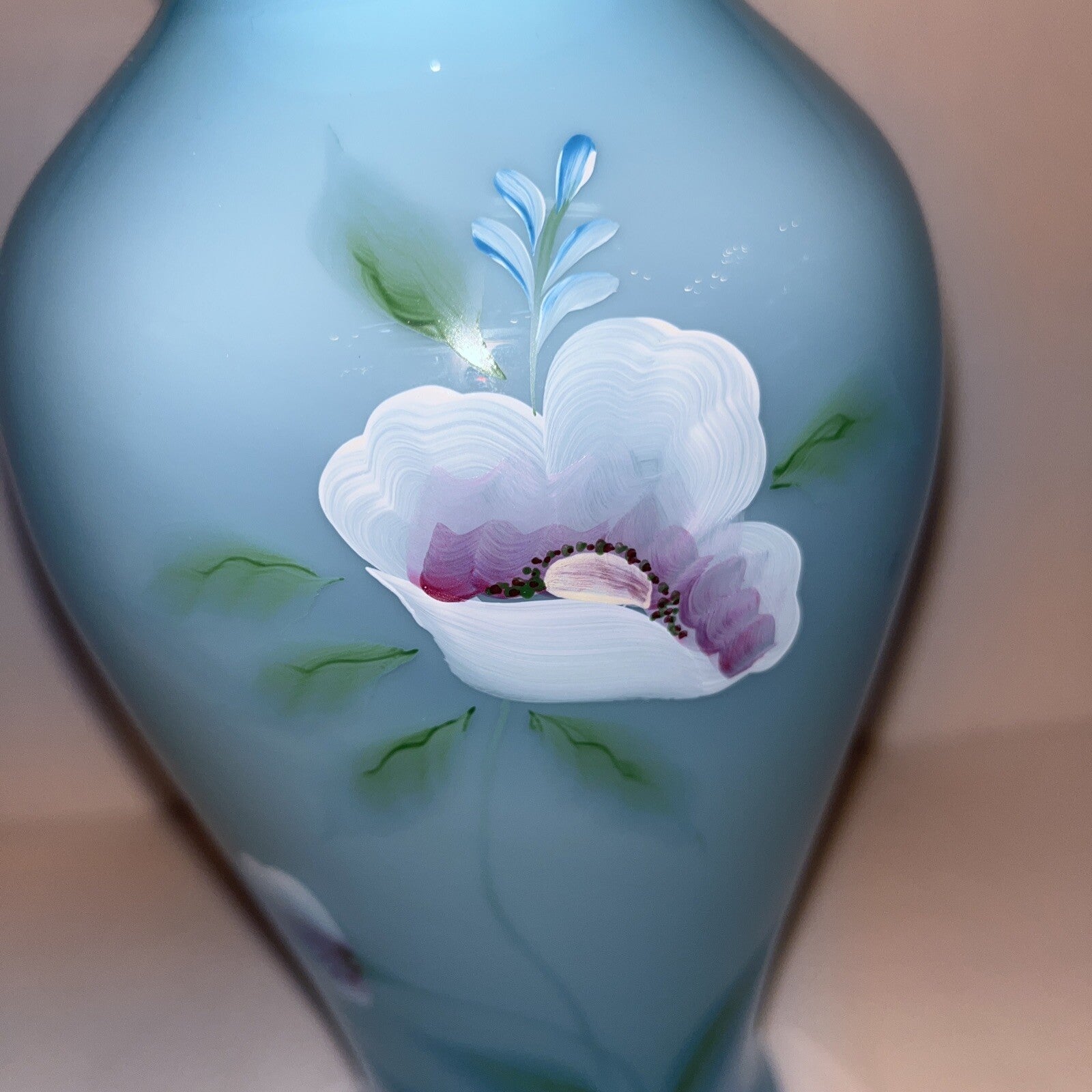 FENTON ART GLASS 2002 BLUE TOPAZ OVERLAY HAND PAINTED 9.5" VASE ~WILLIAMS