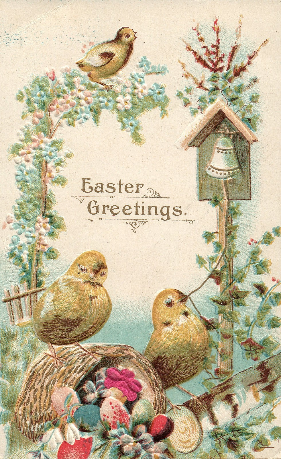 Silk Flower Ringing Bell Egg Easter Chick Postcard