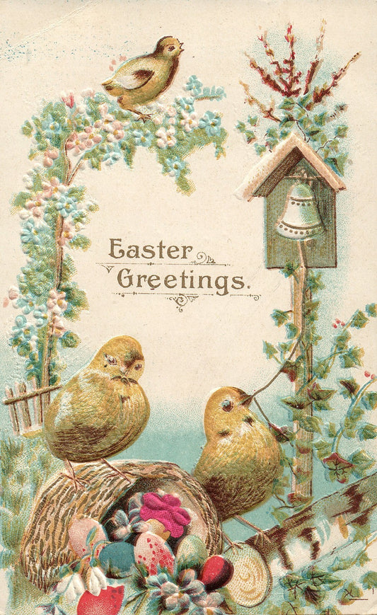 Silk Flower Ringing Bell Egg Easter Chick Postcard