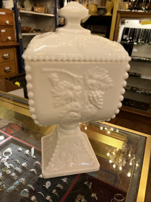 Vintage Westmoreland Milk Glass Pedestal Lidded Candy Dish w/Grape Leaf Design