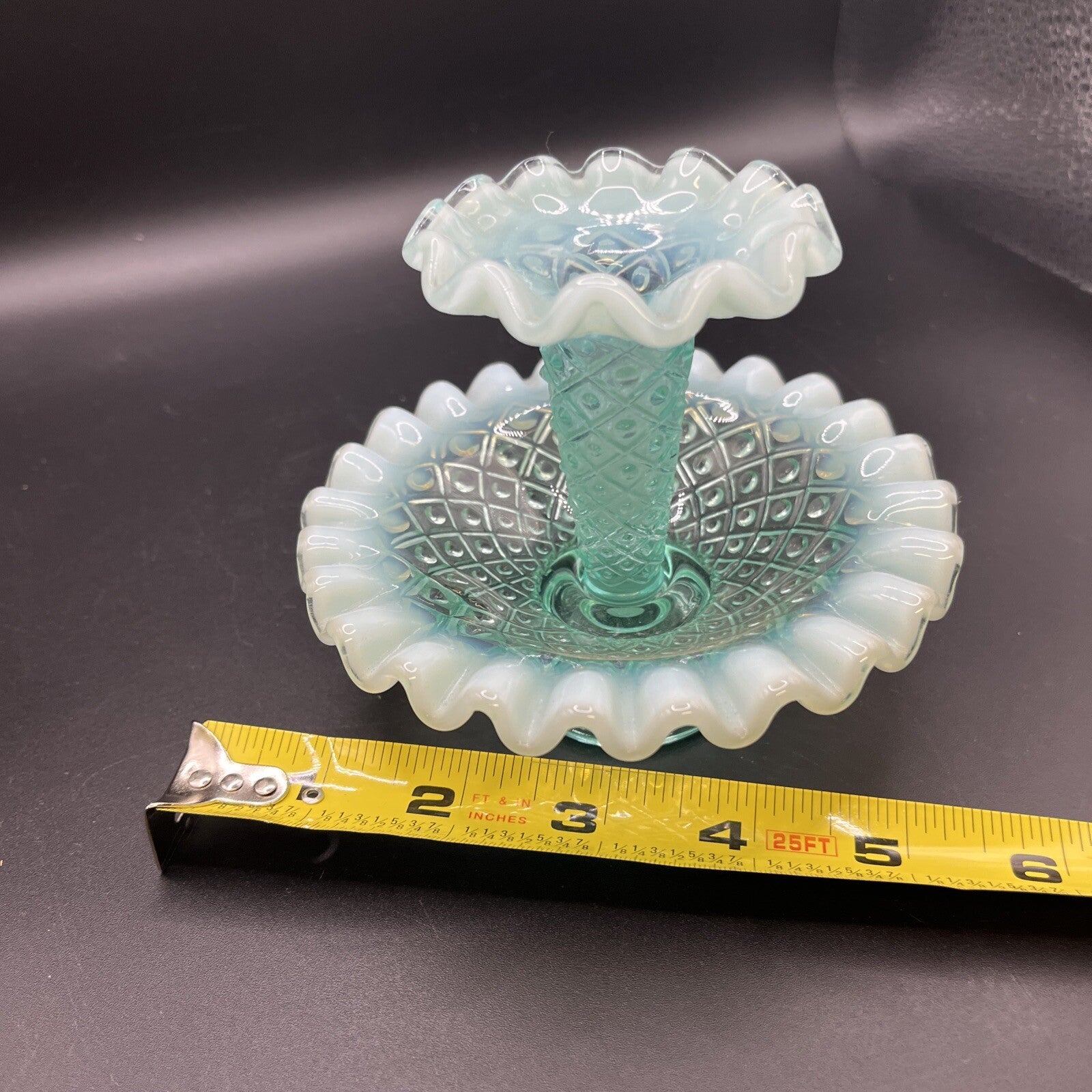 Vintage Fenton Blue/green  Opalescent Epergne Vase 1940s Hobnail Horned Vase