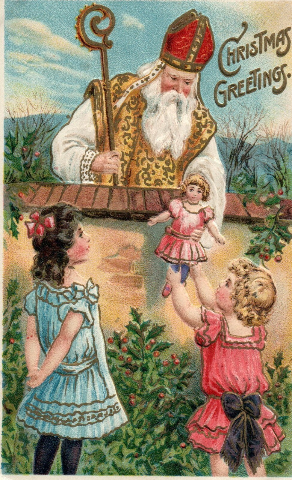 Old World Santa Claus Christmas Postcard with child Gold Gilt postcard
