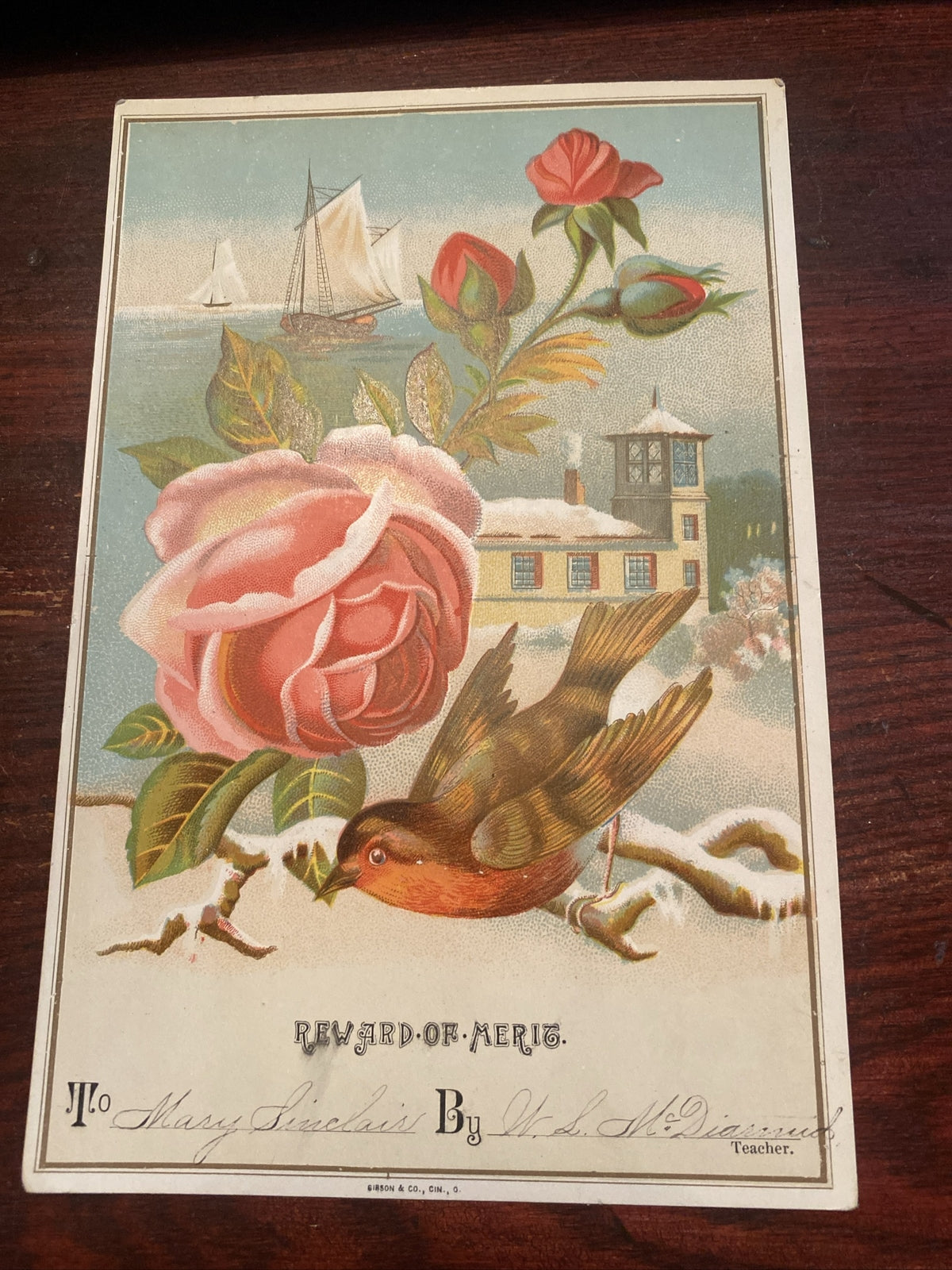 Reward of merit Vintage Victorian School Ephemera  Gibson & Co Bird Rose