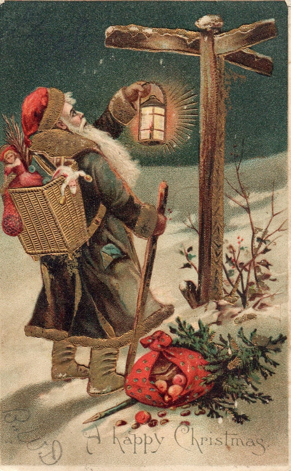 A Happy Christmas Santa Holding Up Lantern With Toys Vintage Santa Postcard