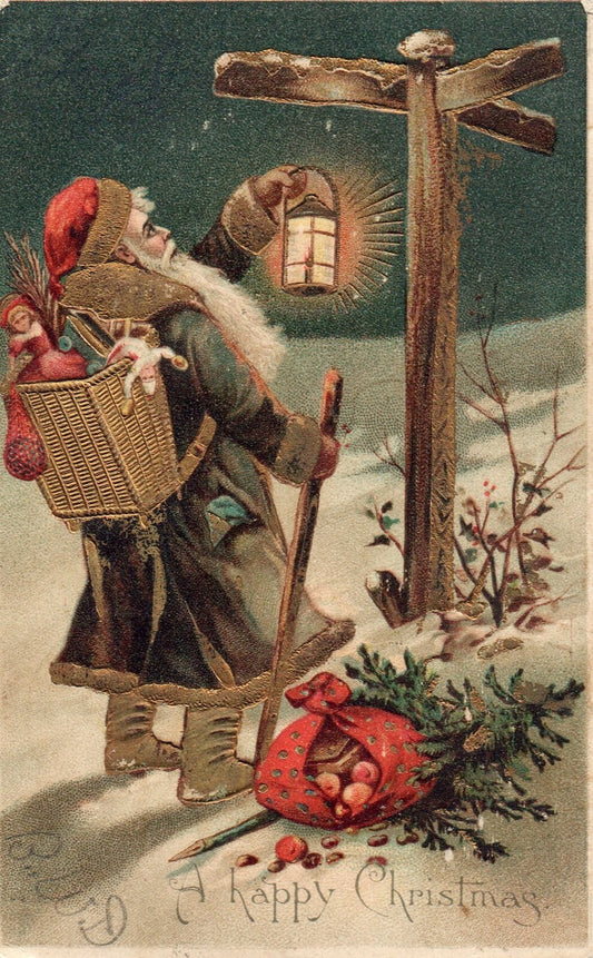 A Happy Christmas Santa Holding Up Lantern With Toys Vintage Santa Postcard