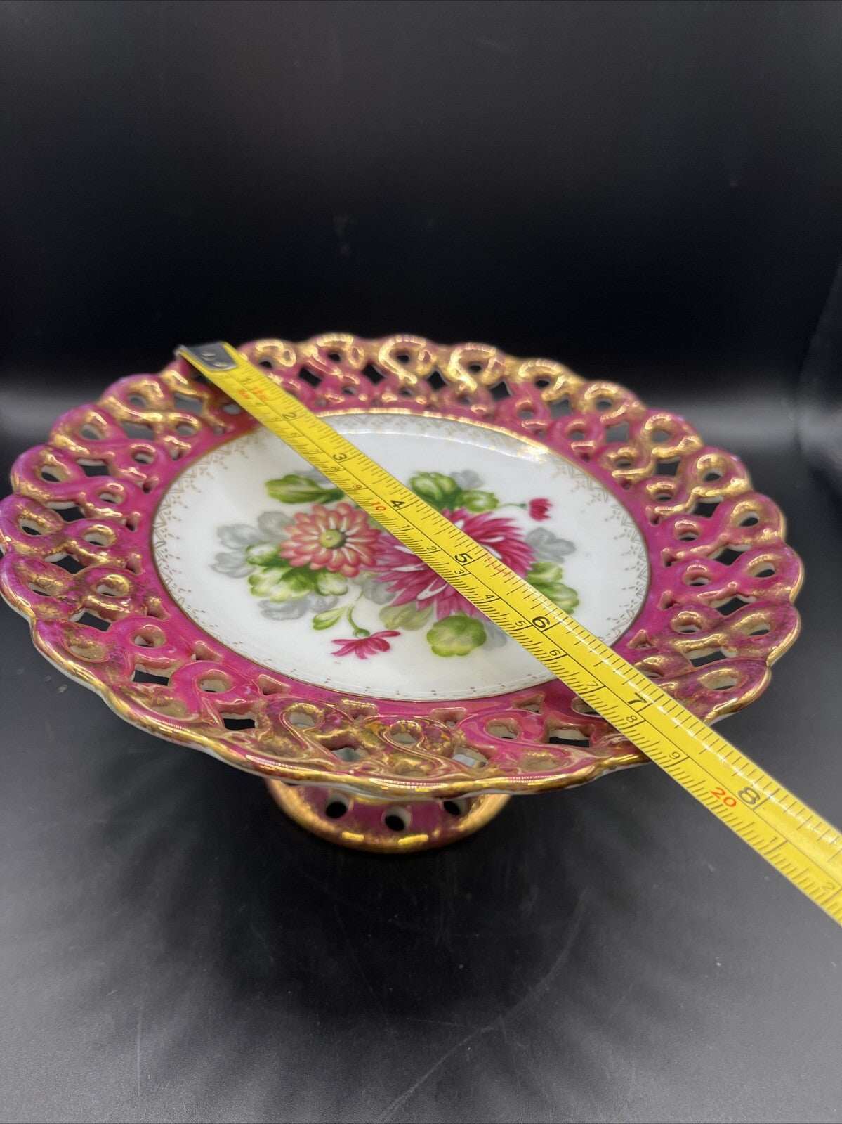 Vintage Pedestal Serving Bowl Floral Design Reticulated 7.5”
