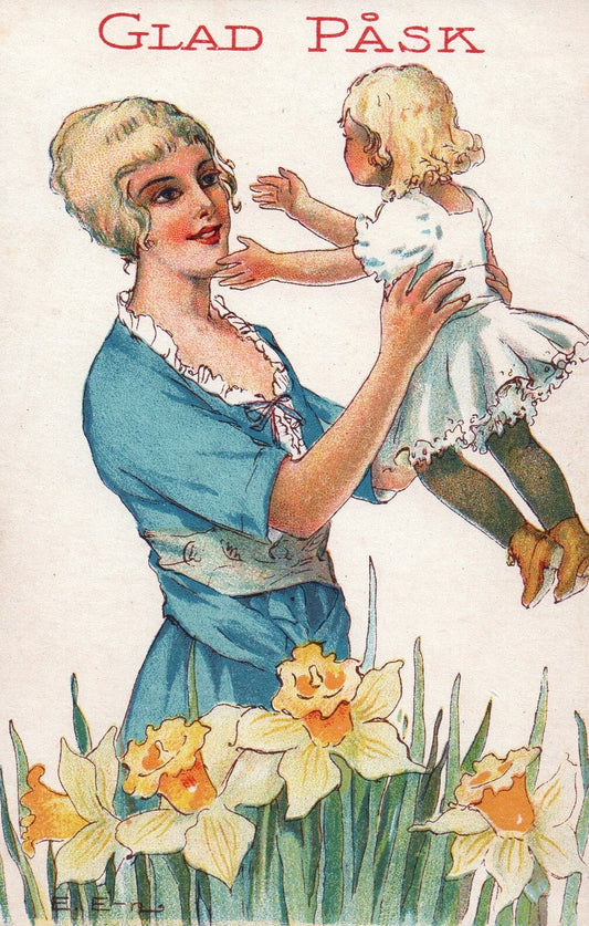 Glad  Pask E E n  Artist Girl Mother Flower Easter vintage postcard