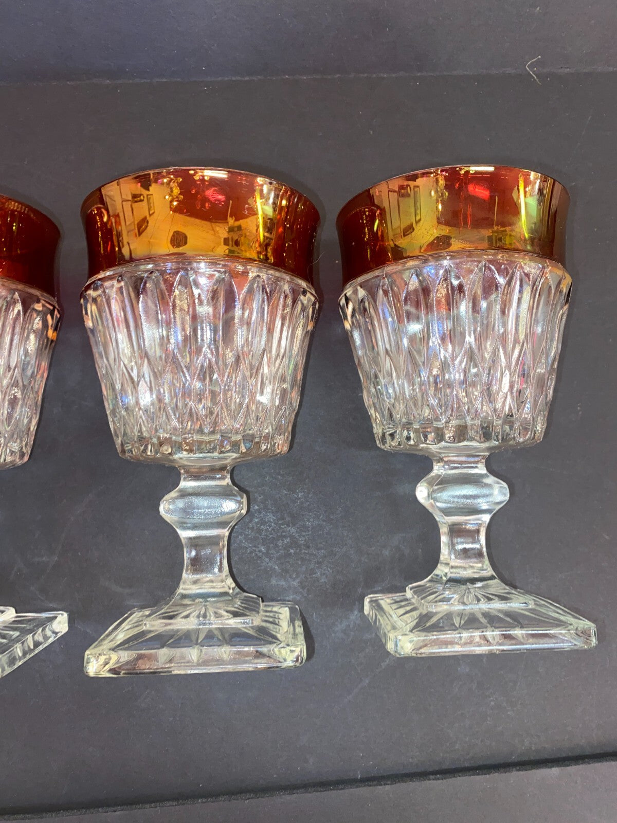 Vintage  Ruby Red Rimmed Set Of 4 Goblet Clear Cut Glass Square Base