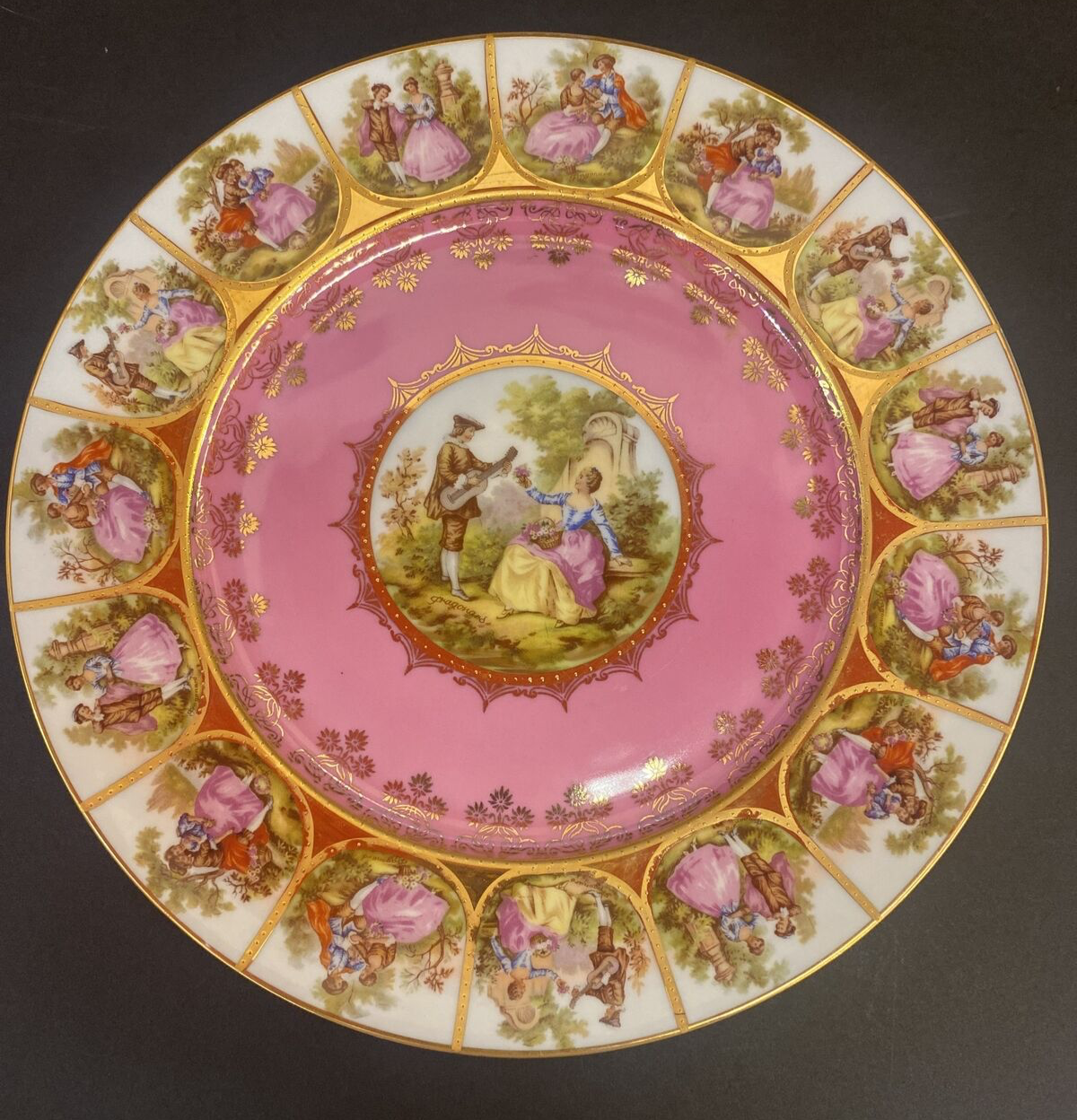 11 JK Carlsbad Bavaria Courting Couple Signed Fragonard Large Hand Painted Plate