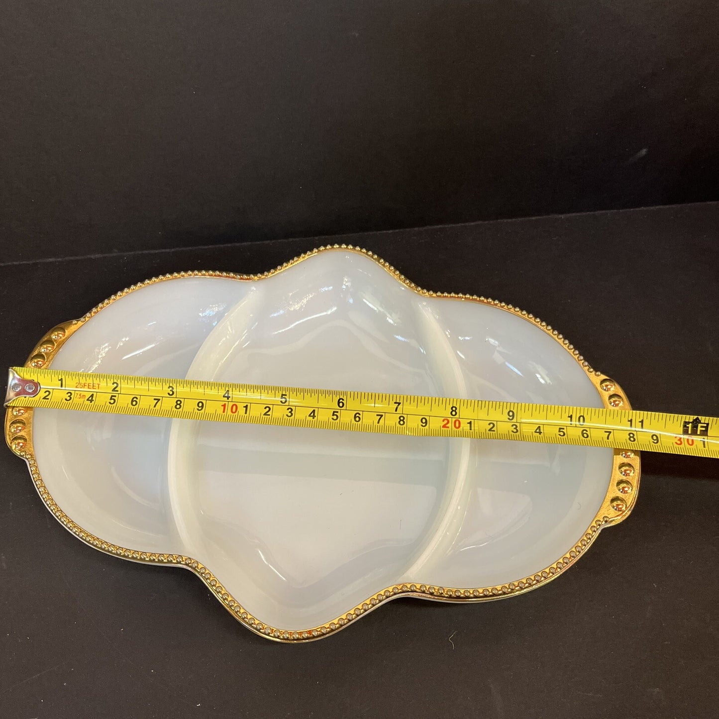 Vintage  Relish Tray Fire-King 3-Section - Milk Glass Divided Gold Bead Trim