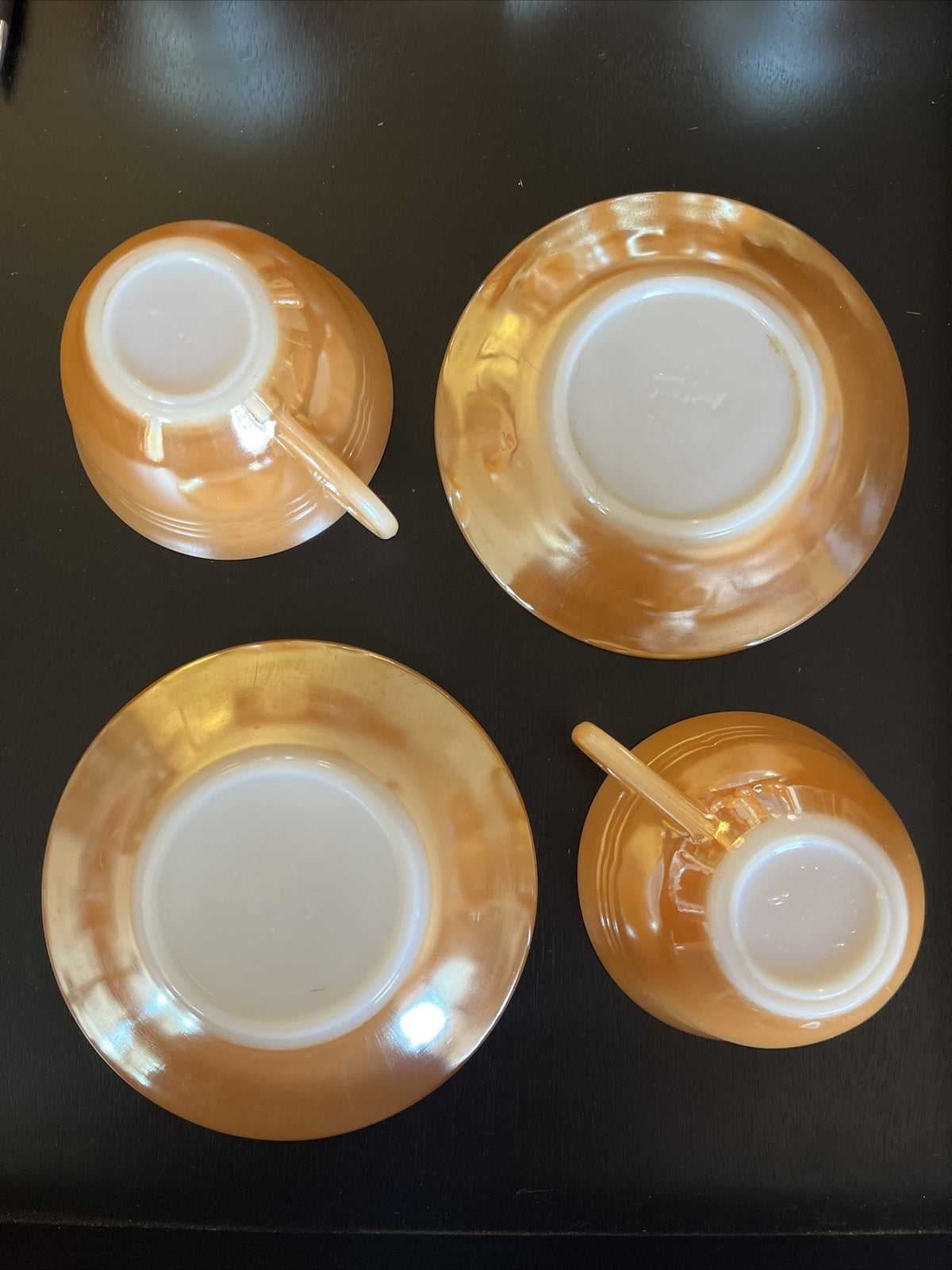 2 Vintage Fire King Oven Ware Peach Lustre Cup & Saucer USA 3 Sets Available