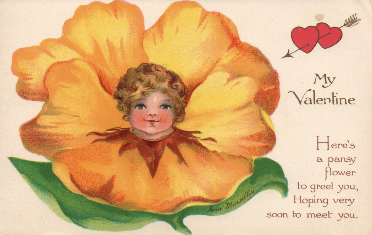 Nister 3031 Fantasy Child Seen as Yellow Pansy Vintage Valentines Day Postcard