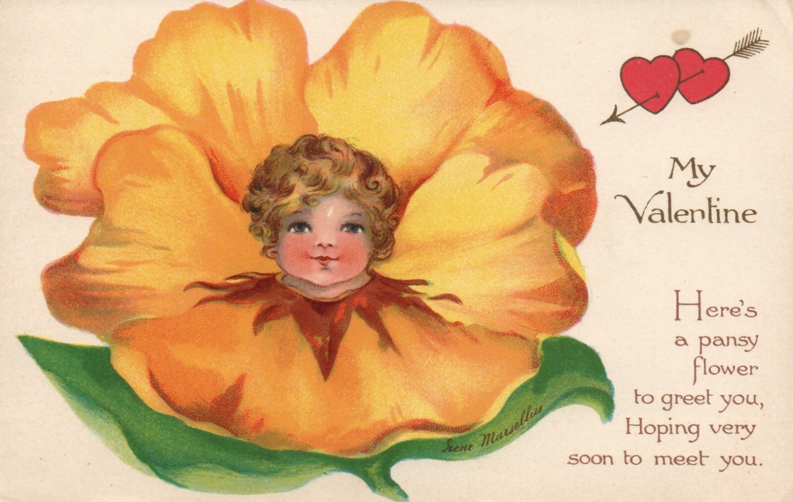 Nister 3031 Fantasy Child Seen as Yellow Pansy Vintage Valentines Day Postcard
