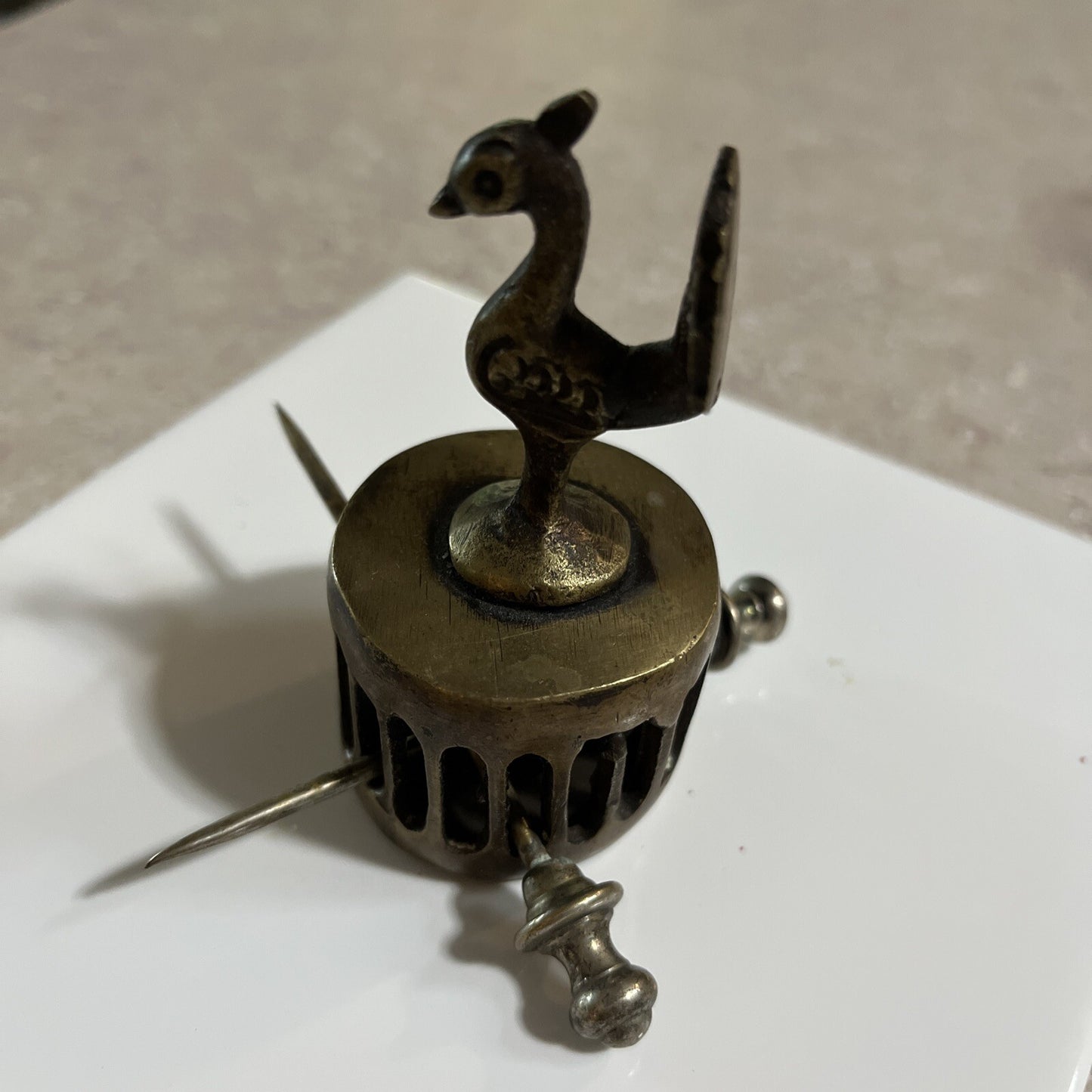 Vintage India Brass Peacock Figure Foot Scrubber 3" Tall x 1-1/2"